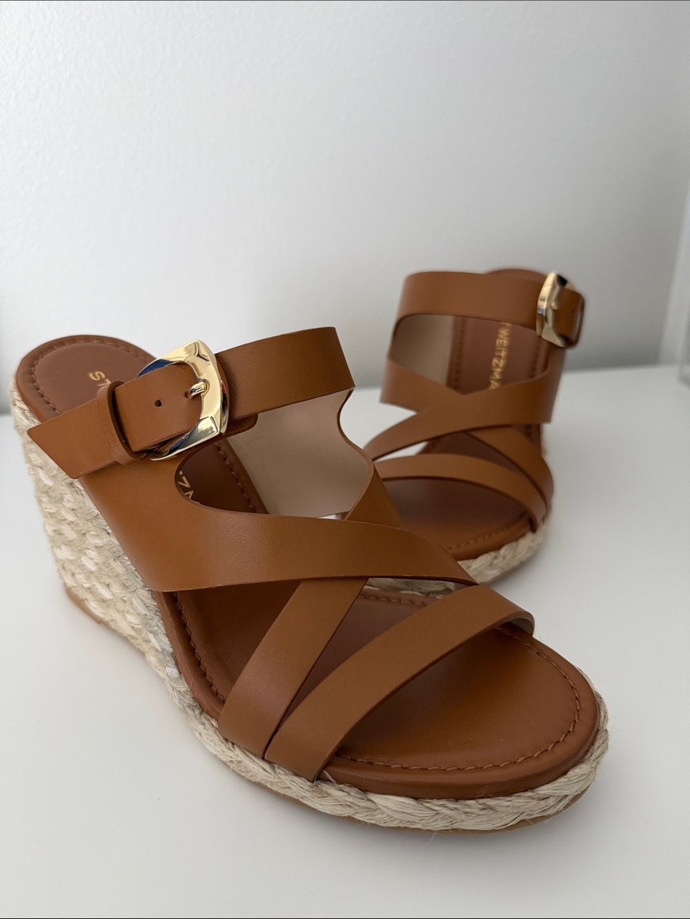 Stuart Weitzman Tan Espadrille Wedge Sandals with Gold Buckle - Picture 2 of 7